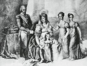 Retrato de Victor Emmanuel I, Rei da Sardenha e Duque da Sabóia, Piemonte e Aosta, com sua esposa Maria Teresa da Áustria-Este e suas filhas, Maria Teresa da Sabóia (1803-1879), Maria Anna da Sabóia e Maria Cristina da Sabóia, gravura de J.B. and Brown J. Rowbotham