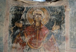 Santo, paredes afresco na Igreja de Agios Georgios, Komitades, Creta, Grécia (foto) de J.B. and Brown J. Rowbotham