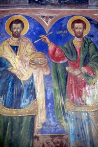 Santos Cosmas e Damião, Mosteiro de Megalo Sotiris, ilha de Symi, Grécia (foto) de J.B. and Brown J. Rowbotham