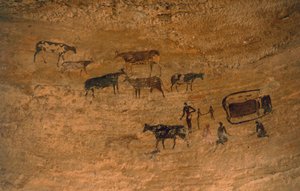 Cena da vida diária com o gado, arte rupestre, Tassili n