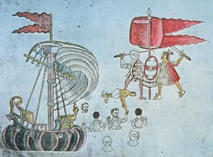 Soldados espanhóis de Hernán Cortes desembarcam em 1519 para combater os astecas, copiados do Codex Azcatitlan, c.1550 (cor litho) de J.B. and Brown J. Rowbotham