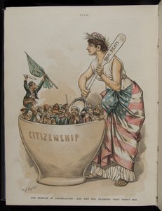O Argamassa da Assimilação - E o Elemento que Não Vai Misturar, ilustração de Puck Magazine, 26 de junho de 1889 de C.J. Taylor