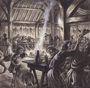 Um banquete numa sala de thegns anglo-saxónica (guache sobre papel) de C.L. Doughty