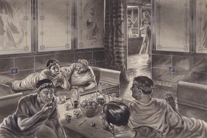 Anglo-romanos comendo no triclínio (guache sobre papel)