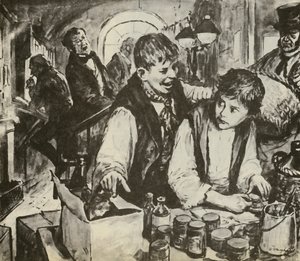 Charles Dickens em criança, na fábrica de escurecimento (litografia) de C.L. Doughty