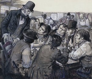 Coronel Despard recrutando descontentes políticos nos lugares obscuros do submundo de Londres (guache sobre papel) de C.L. Doughty