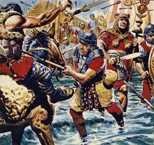 Animados pela bravura do porta-estandarte, as outras legiões romanas ganharam coragem (litografia a cores) de C.L. Doughty