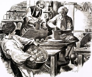 Josiah Wedgwood foi aprendiz no negócio de cerâmica da família (guache sobre papel) de C.L. Doughty