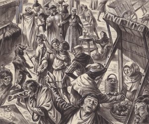 Mercadores numa feira medieval (guache sobre papel) de C.L. Doughty