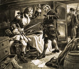 "De espada em punho, o capitão da guarda costeira espanhola atacou o capitão Jenkins. de C.L. Doughty