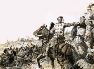 Cena de batalha não identificada com um soldado a apontar para o Rei de C.L. Doughty