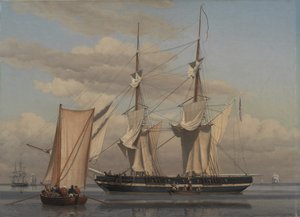 Um brigue naval americano deitado na âncora enquanto suas velas estão secando de Christoffer Wilhelm Eckersberg