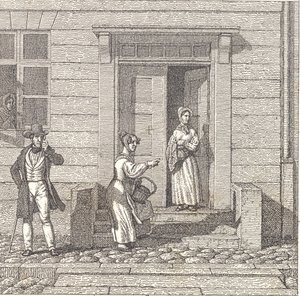Cena de rua, duas garotas, um homem e uma mulher procurando algo de Christoffer Wilhelm Eckersberg