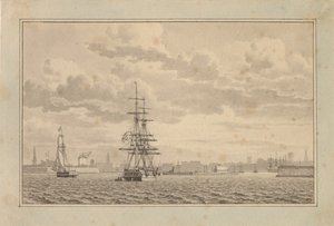 Copenhaga vista de Yderhavnen com um brigue ancorado e uma chalupa à vela. de Christoffer Wilhelm Eckersberg