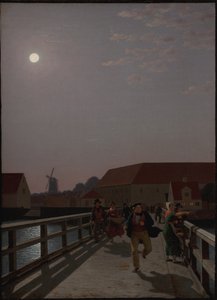 Langebro, Copenhague, ao luar com figuras correndo