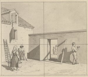 Perspectiva linear, aplicada à arte da pintura - rascunho de ilustração não utilizada - pátio dinamarquês com quatro agricultores e artesãos. de Christoffer Wilhelm Eckersberg
