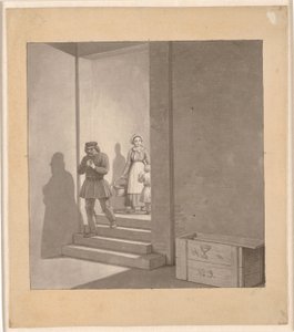 Homem descendo as escadas, ao fundo mulher e criança de Christoffer Wilhelm Eckersberg