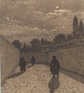 Luar sobre uma estrada com três figuras. Ilustração para "Perspectiva linear", Placa IV de Christoffer Wilhelm Eckersberg