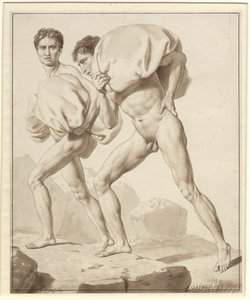 Moisés divide as águas e o exército do faraó é engolido - estudo para dois israelitas caminhando, carregados de bagagem de Christoffer Wilhelm Eckersberg