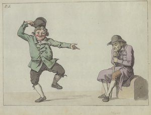 Revista satírica; um homem pula e ri enquanto aponta para um velho sentado de Christoffer Wilhelm Eckersberg