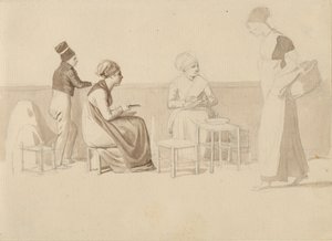 Cena de uma fazenda ou cais em Paris. Quatro figuras sentadas, em pé e andando. de Christoffer Wilhelm Eckersberg
