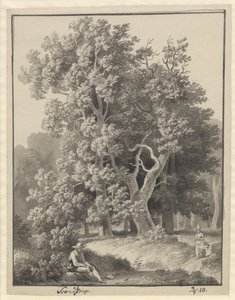 Woodland em Svendstrup com algumas figuras, na frente um homem sentado com uma pá de Christoffer Wilhelm Eckersberg