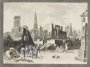 Praça do Ulfeldt, agora chamado Gråbrødertorv, após o bombardeio britânico em setembro de 1807 de Christoffer Wilhelm Eckersberg
