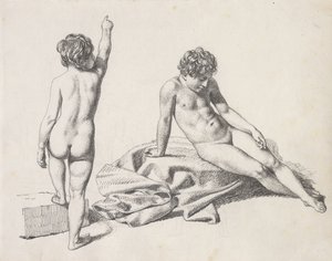 Duas meninas nuas, uma sentada vista de frente, a outra de pé vista de trás