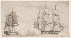 Dois navios de guerra em batalha (a fragata inglesa Shannon e a fragata americana Chesapeak?) de Christoffer Wilhelm Eckersberg