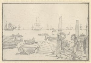 Vista da praia ao sul de Helsingør em direção ao navio de guarda, o brigue "Falster". de Christoffer Wilhelm Eckersberg