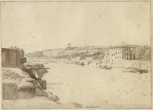 Vista do Tibre em direção a Porto di Ripa Grande e Porta Portese vista da margem abaixo do Monte Aventino, Roma. de Christoffer Wilhelm Eckersberg
