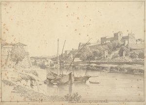 Vista do Tibre em Porto di Ripa Grande fora de Porta Portese em direção a Marmorata e as igrejas de Monte Aventino, Roma de Christoffer Wilhelm Eckersberg