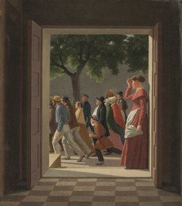 Ver através de uma porta para figuras em execução de Christoffer Wilhelm Eckersberg