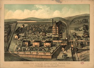 Vista panorâmica da prisão confederada em Salisbury, N.C., tirada em 1864 de C. A.; J.H. BuffordS Sons Lith Kraus
