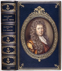 Capa do livro &39;O Diário de Samuel Pepys&39;, com um retrato oval de Samuel Pepys de C. B. Currie