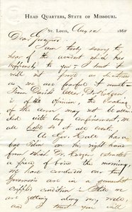 Carta assinada por C. C. Bailey, Head Quarters, Estado do Missouri, St. Louis, ao Governador [Hamilton R. Gamble], 12 de agosto de 1863 de C. C. Bailey