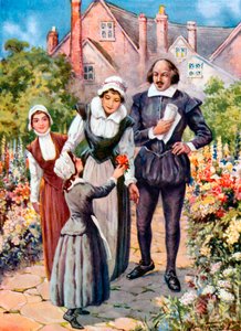 Shakespeare no jardim de New Place, Stratford-on-Avon (litografia a cores) de C. Dudley (after) Tennant