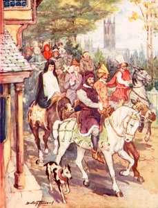 Chaucer cavalgando para Cantuária com os peregrinos (cor litho) de C. Dudley Tennant