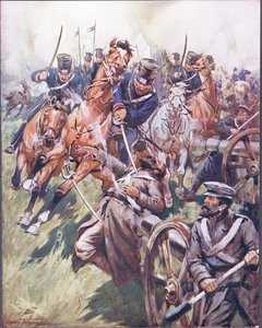 Cossaco e bobina russa do golpe do sabre, ilustração de "Baladas de Lutas Famosas", c.1900 (cor litho)