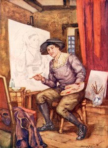 Hans Holbein a trabalhar no seu estúdio (cor litho)