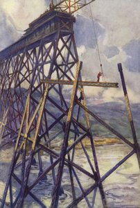 Colocação do aço do Viaduto do Rio Batalha do Grand Trunk Pacific Railway, Canadá (cor litho) de C. Dudley Tennant