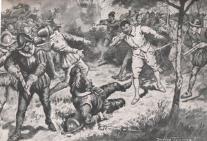 O Almirante, seguido pelo seu partido, correu de cabeça na Guarda Vera Cruz, ilustração de "British Battles on Land and Sea", publicado por Cassell, Londres, c.1910 (litho) de C. Dudley Tennant