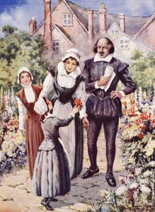 William Shakespeare, com a sua mulher e duas filhas, no jardim de New Place, Stratford-upon-Avon (cor litho)