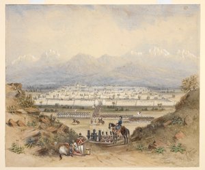 Um general revisando a cavalaria e a infantaria, que estão prestes a entrar em uma cidade murada em uma região montanhosa, talvez Kandahar (N.W.F.P.). 1843, depois de um esboço anterior. de C. Graham