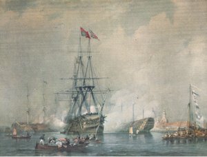 HMS Victory disparando uma Royal Salute no Portsmouth Harbour, da British Adventure, publicada por Collins, 1947 de C. J. M. Whichello