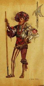 Um Courtier Blindado, figurino para As You Like It, produzido por R.Courtneidge no Princes Theatre, Manchester de C. Wilhelm