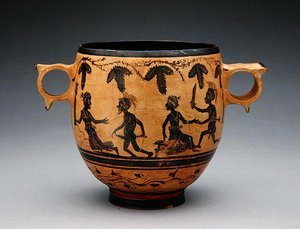 Skyphos com cenas de paródia, c.430-410 BC (cerâmica) (ver também 307555) de Cabirian