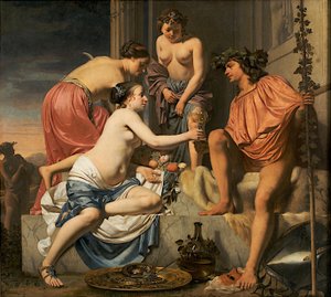 Baco no trono - Ninfas oferecendo vinho e frutas a Baco