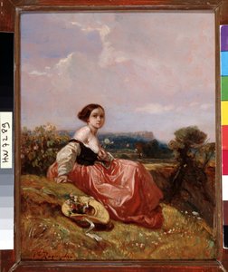 Jovem com o chapéu em frente ao Victoire de Sainte Mountain Pintura de Camille Roqueplan (1803-1855) Dim. 18x23 cm Menção obrigatória: Colecção de saudações de fundação da Provença, Marselha