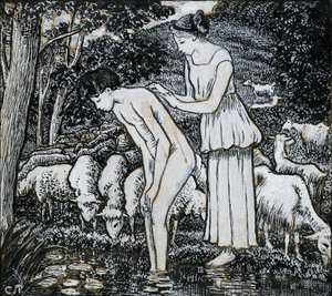 Chloë lavando Daphnis em um riacho, estudo composicional para uma ilustração, c1895 de Camille Pissarro